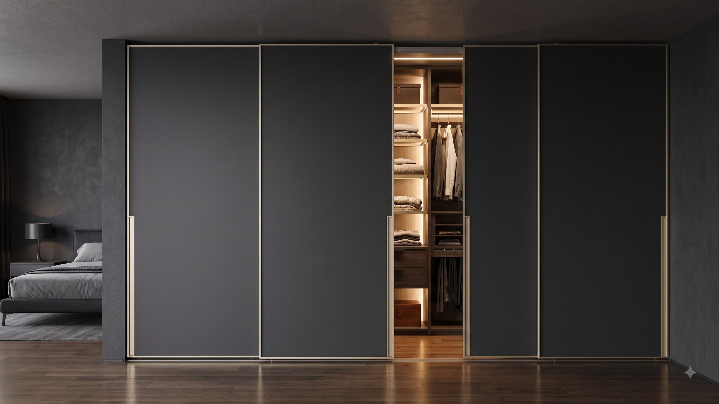Floor to ceiling sliding wardrobe shutters in matte charcoal with champagne aluminium profiles