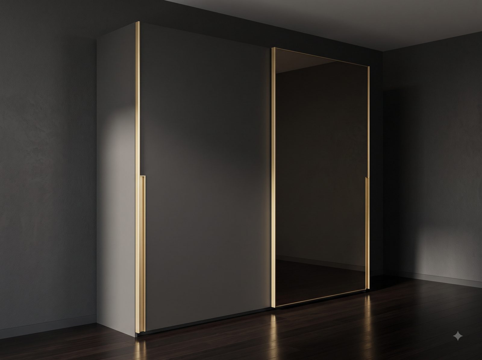 Floor to ceiling sliding wardrobe shutters with slim champagne aluminium profiles